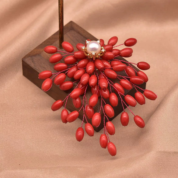 Pearl Brooch Sea Bamboo Tassel Flower Retro Style Fruit Shape Electroplated