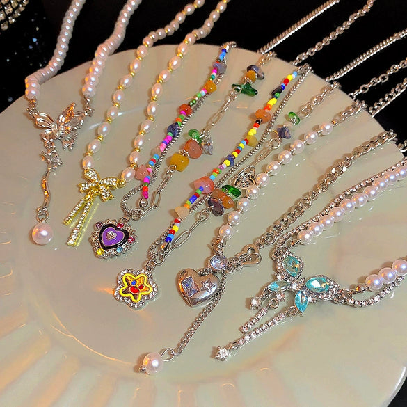 Pearl Butterfly Alloy And Copper Necklace For Women Electroplated With Bow Tie Insect And Star Shape Patterns