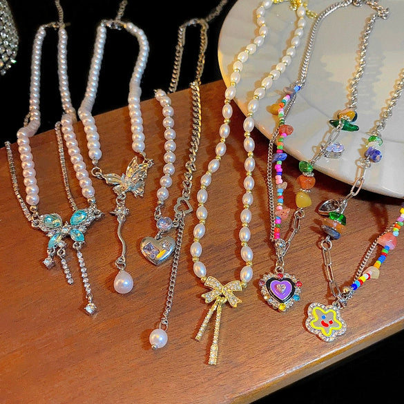 Pearl Butterfly Alloy And Copper Necklace For Women Electroplated With Bow Tie Insect And Star Shape Patterns