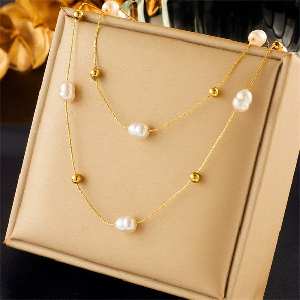 Pearl Butterfly Diamond Pendant Necklace Titanium Steel Electroplating Women's Retro Light Luxury Multilayered