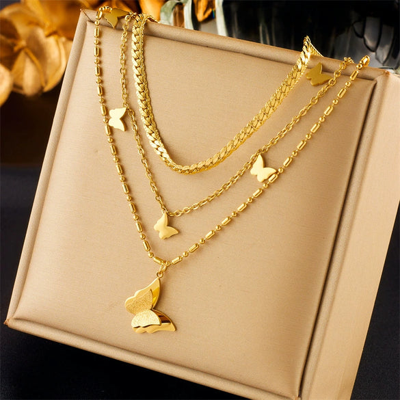 Pearl Butterfly Diamond Pendant Necklace Titanium Steel Electroplating Women's Retro Light Luxury Multilayered