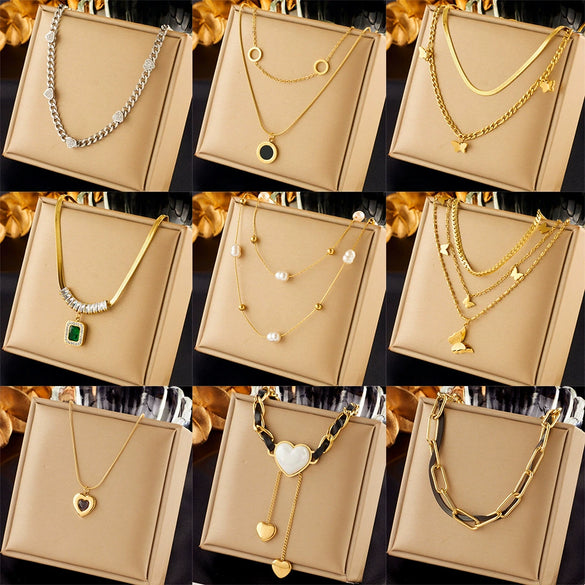 Pearl Butterfly Diamond Pendant Necklace Titanium Steel Electroplating Women's Retro Light Luxury Multilayered