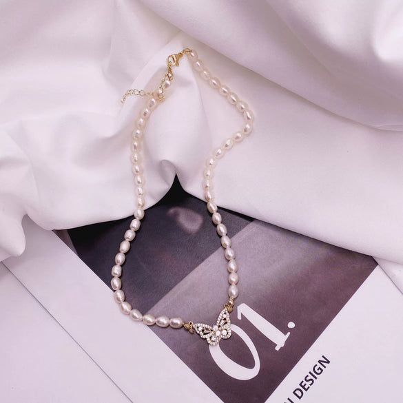 Pearl Butterfly Retro Natural Style Real Gold Plated Micro Inlaid Zircon Necklace