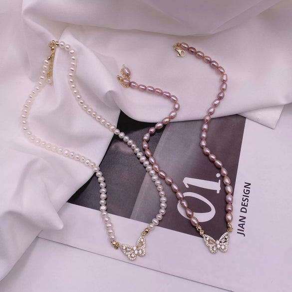 Pearl Butterfly Retro Natural Style Real Gold Plated Micro Inlaid Zircon Necklace