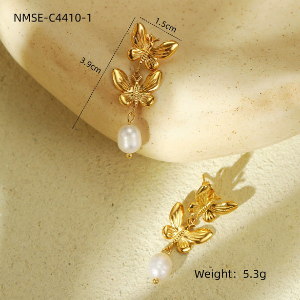 Pearl Butterfly Tassel Titanium Steel Stainless Steel Electroplated Women's Earrings