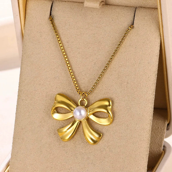 Pearl Clavicle Chain And Earrings Accessories In Ins Style With Bow Pattern Titanium Steel Electroplated