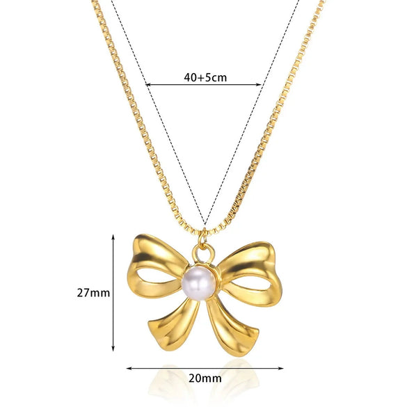 Pearl Clavicle Chain And Earrings Accessories In Ins Style With Bow Pattern Titanium Steel Electroplated