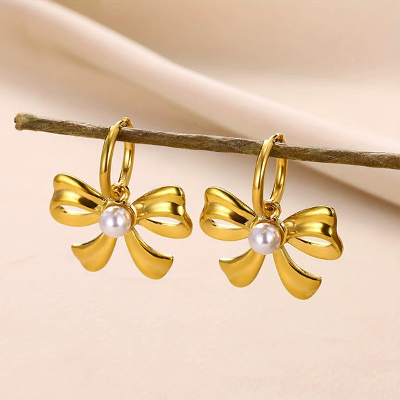 Pearl Clavicle Chain And Earrings Accessories In Ins Style With Bow Pattern Titanium Steel Electroplated