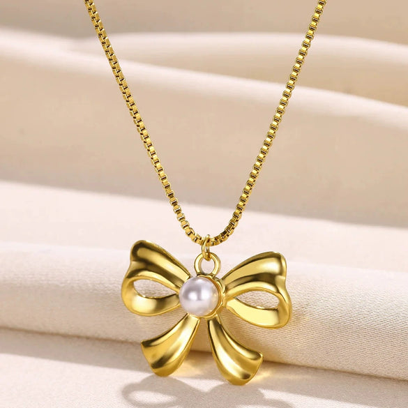 Pearl Clavicle Chain And Earrings Accessories In Ins Style With Bow Pattern Titanium Steel Electroplated