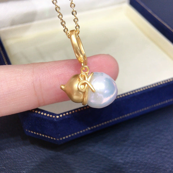 Pearl Clavicle Chain With Natural Freshwater Pearl Pendant Gourd Round Baroque Style Frosted Gold Copper