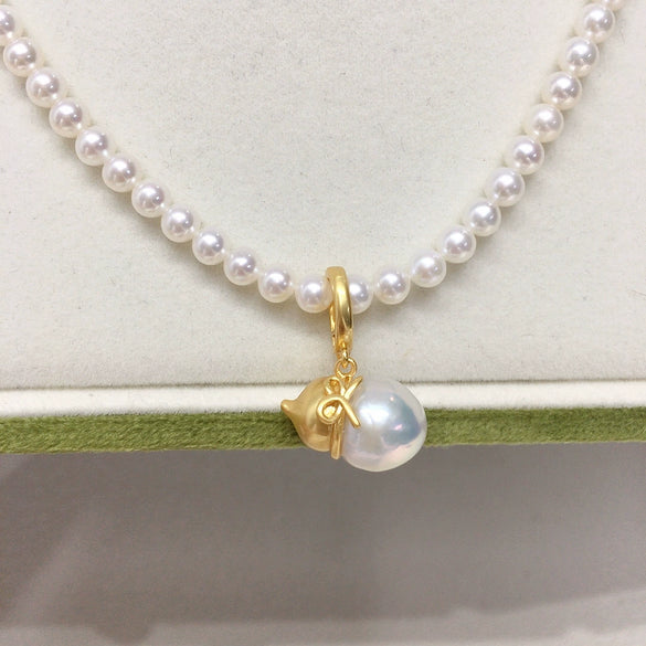 Pearl Clavicle Chain With Natural Freshwater Pearl Pendant Gourd Round Baroque Style Frosted Gold Copper