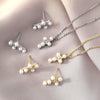 Pearl Cross Necklace And Ear Stud Set Copper Electroplated With Cross Crown Roman Numerals Pattern For Women
