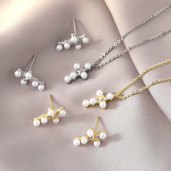 Pearl Cross Necklace And Ear Stud Set Copper Electroplated With Cross Crown Roman Numerals Pattern For Women