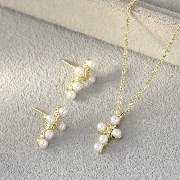 Pearl Cross Necklace And Ear Stud Set Copper Electroplated With Cross Crown Roman Numerals Pattern For Women