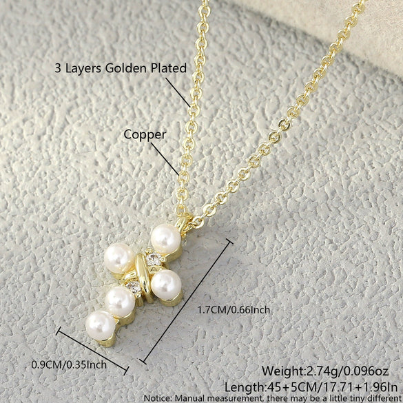 Pearl Cross Necklace And Ear Stud Set Copper Electroplated With Cross Crown Roman Numerals Pattern For Women