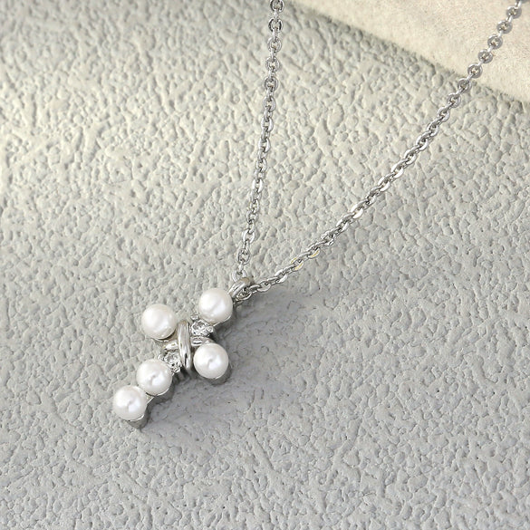 Pearl Cross Necklace And Ear Stud Set Copper Electroplated With Cross Crown Roman Numerals Pattern For Women