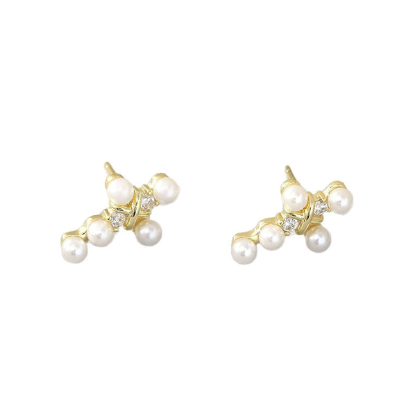 Pearl Cross Necklace And Ear Stud Set Copper Electroplated With Cross Crown Roman Numerals Pattern For Women