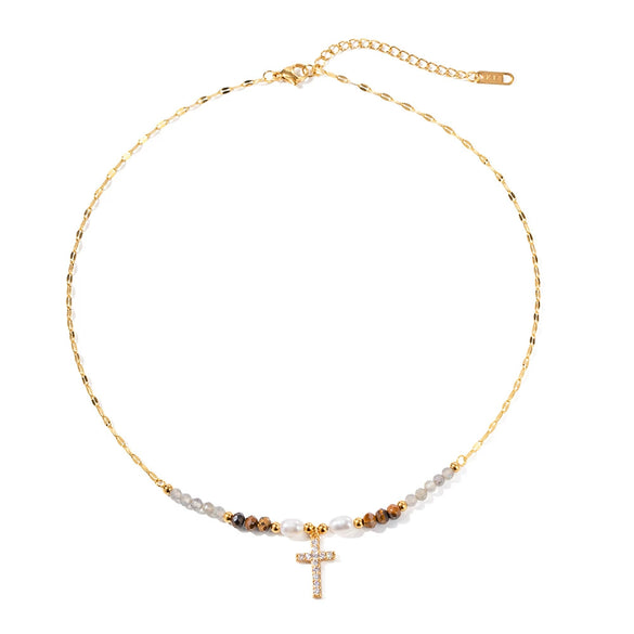 Pearl Cross Necklace Women's Retro Light Luxury With Titanium Steel And Stainless Steel Geometric Electroplated Jewelry