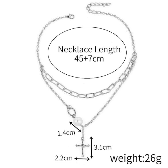 Pearl Cross Pendant Necklace Alloy Box Chain Electroplated Retro Exaggerated Multilayer Women's Accessories