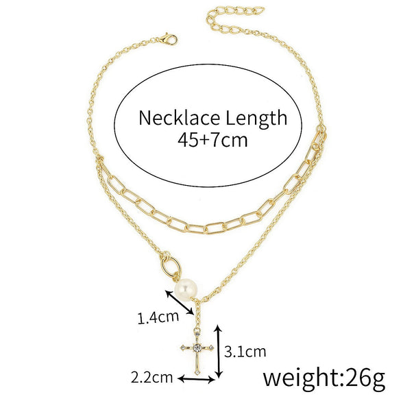 Pearl Cross Pendant Necklace Alloy Box Chain Electroplated Retro Exaggerated Multilayer Women's Accessories