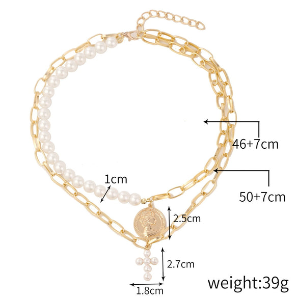 Pearl Cross Pendant Necklace Alloy Box Chain Electroplated Retro Exaggerated Multilayer Women's Accessories