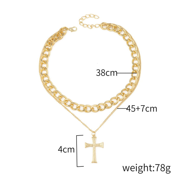 Pearl Cross Pendant Necklace Alloy Box Chain Electroplated Retro Exaggerated Multilayer Women's Accessories