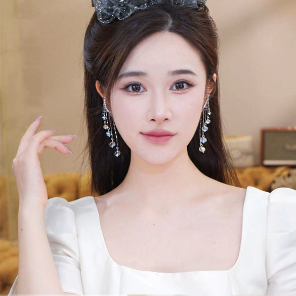 Pearl Crystal Tassel Earrings Copper Geometric Style For Women