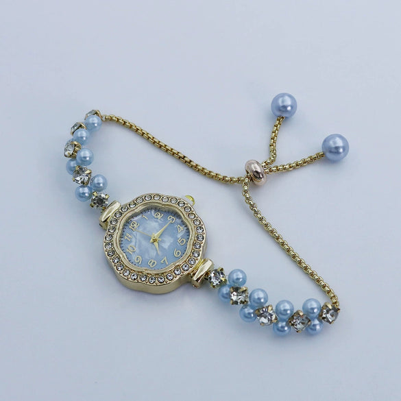 Pearl Diamond Alloy Women's Fashion Bracelet Watch With Digital Fritillaria Dial And Spiral Crown