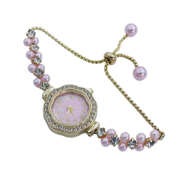 Pearl Diamond Alloy Women's Fashion Bracelet Watch With Digital Fritillaria Dial And Spiral Crown