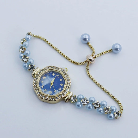 Pearl Diamond Alloy Women's Fashion Bracelet Watch With Digital Fritillaria Dial And Spiral Crown