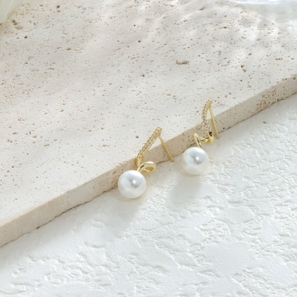 Pearl Diamondencrusted Spiral Line Handmade Women's Earrings Copper