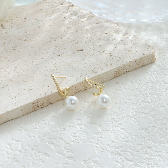 Pearl Diamondencrusted Spiral Line Handmade Women's Earrings Copper
