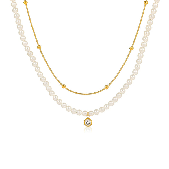 Pearl Double Chain Inlaid Zircon Titanium Steel Electroplated Women's Necklace
