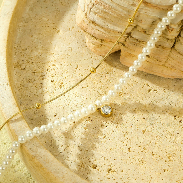 Pearl Double Chain Inlaid Zircon Titanium Steel Electroplated Women's Necklace