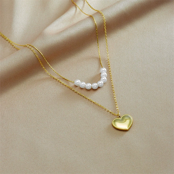 Pearl Doublelayered Heartshaped Pendant Necklace Titanium Steel Electroplating For Women