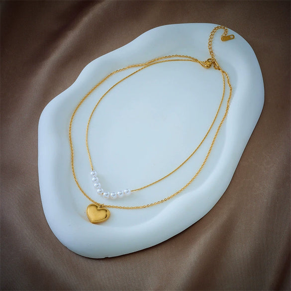 Pearl Doublelayered Heartshaped Pendant Necklace Titanium Steel Electroplating For Women