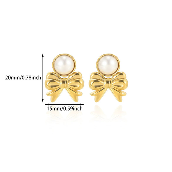 Pearl Earrings For Women High End Bow Style Geometric Stainless Steel With 18K Gold Electroplating