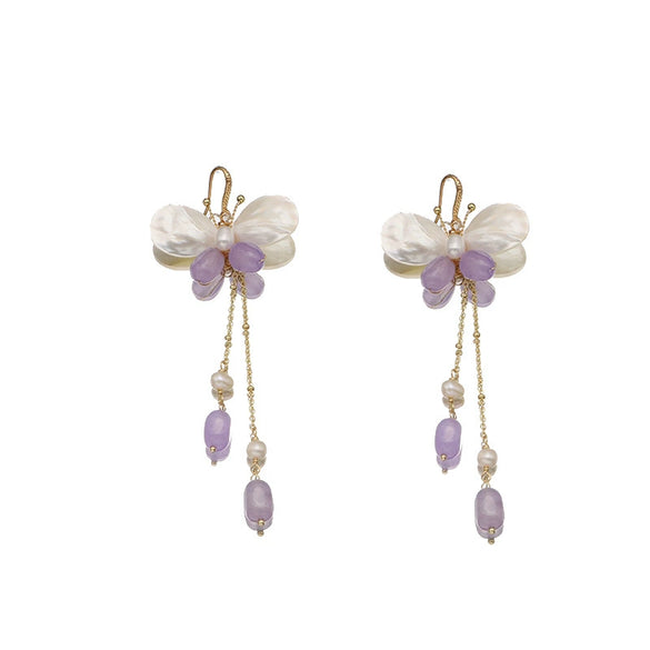 Pearl Earrings Geometric Fashion Electroplated Butterfly Ear Hooks Purple Tassel Women's