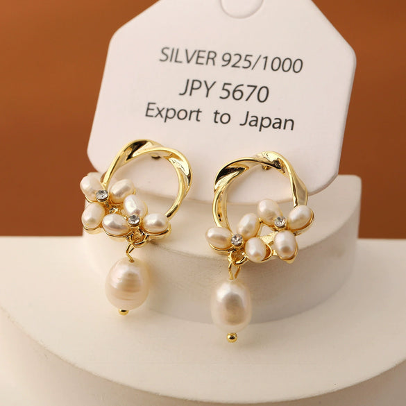 Pearl Earrings Geometric Style Flower Pattern Electroplating For Women