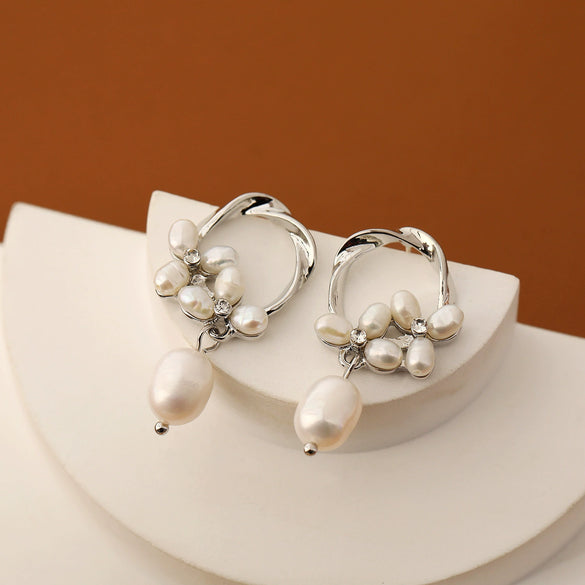 Pearl Earrings Geometric Style Flower Pattern Electroplating For Women