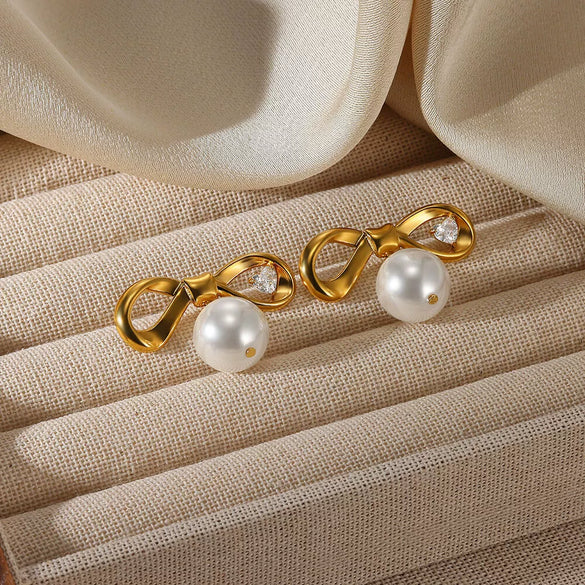 Pearl Earrings Imitation Pearl Electroplated Heart Shape Bow Tie Style For Women