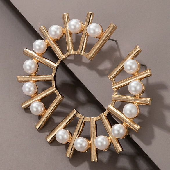 Pearl Earrings Metal Geometric Electroplating Small Flower Semicircle Style For Ladies