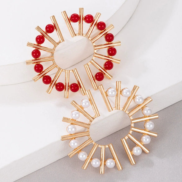 Pearl Earrings Metal Geometric Electroplating Small Flower Semicircle Style For Ladies