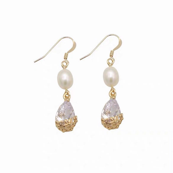 Pearl Earrings Natural Freshwater Drop Shape Zircon Flower Wrapping 14K Gold Filled Exotic Style For Women