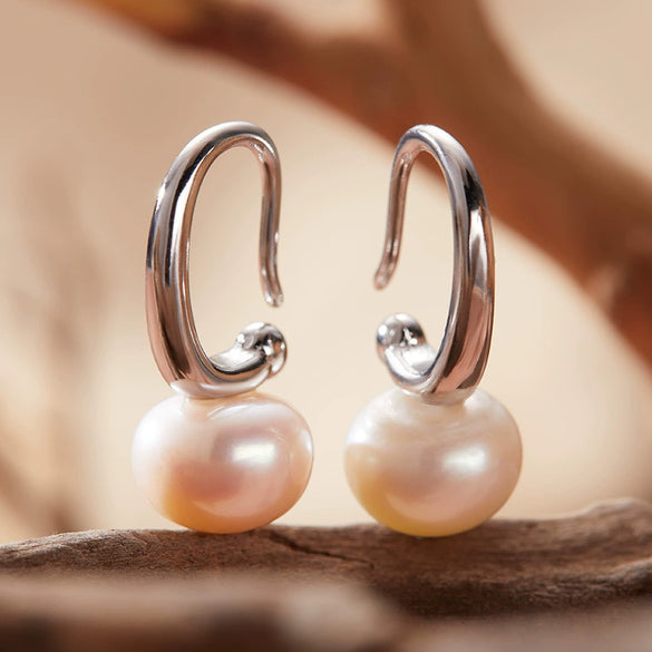 Pearl Earrings S925 Sterling Silver Inlaid Geometric Style For Women