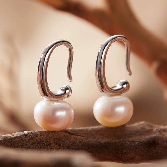 Pearl Earrings S925 Sterling Silver Inlaid Geometric Style For Women