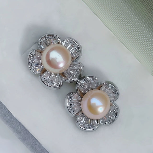 Pearl Earrings Silver Pin Light Luxury Highend Women's Fashion Jewelry With Flat Round And Rose Buns Round Pearls
