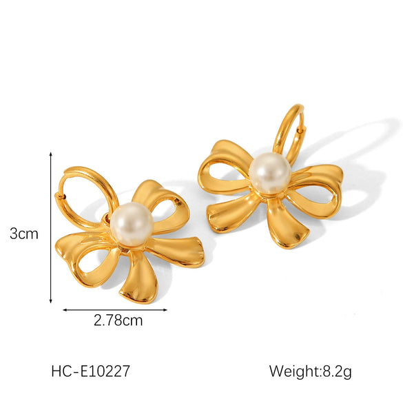 Pearl Earrings Stainless Steel Geometric Bow Electroplated Women's