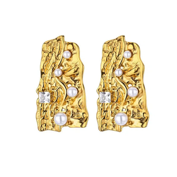 Pearl Earrings Stainless Steel Geometric Irregular Hammered Electroplated For Women