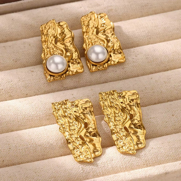 Pearl Earrings Stainless Steel Geometric Irregular Hammered Electroplated For Women